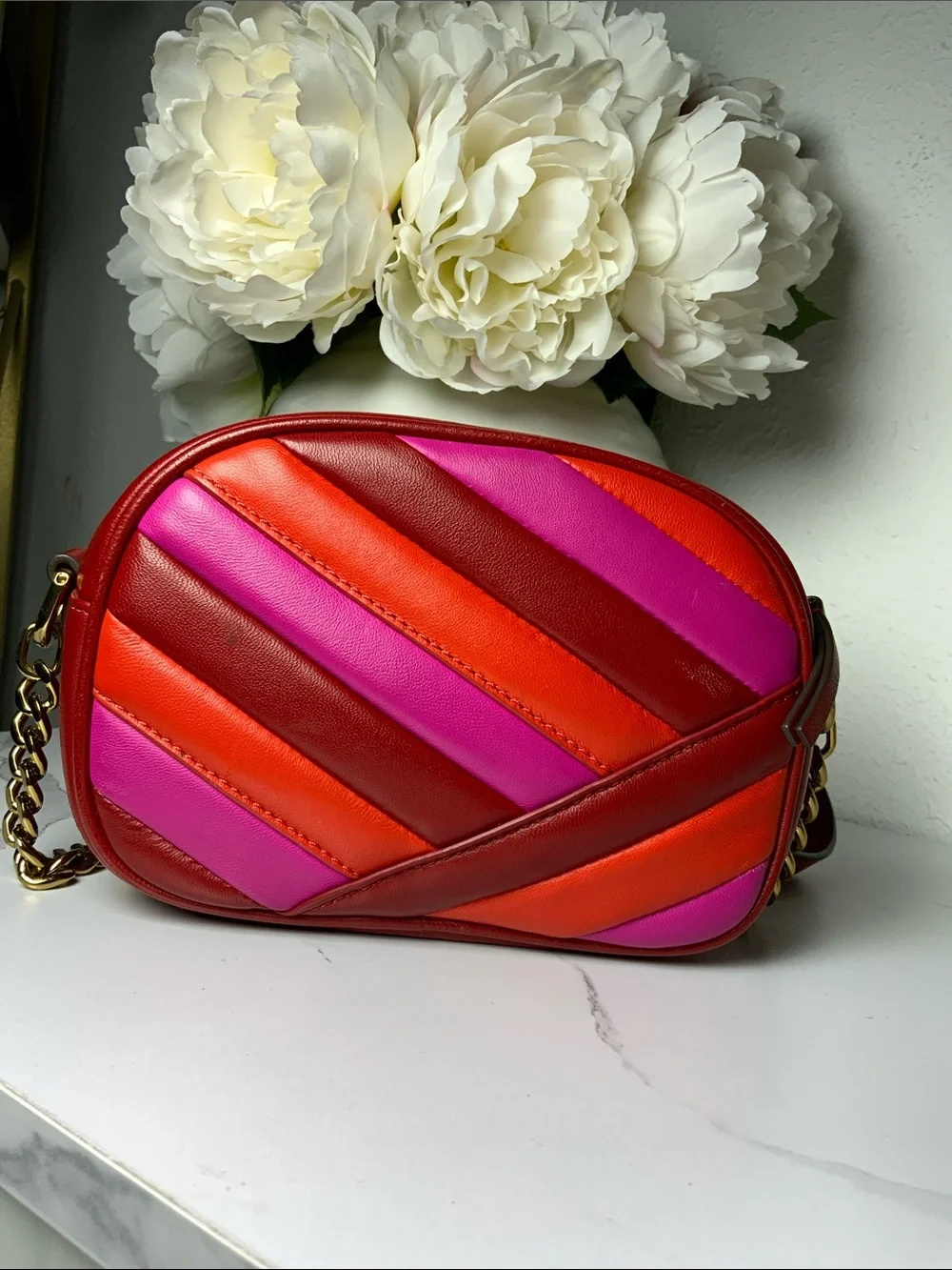 Tory Burch Red, Pink & Orange Quilted Leather Crossbody Camera Bag